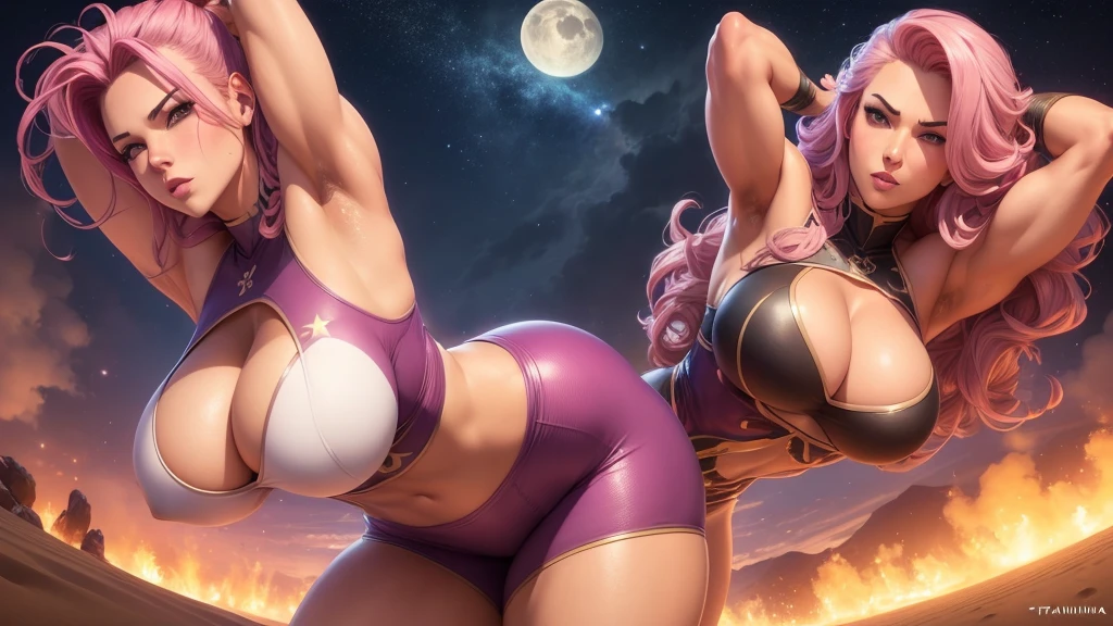 1girl, solo, ig model, taimanin, ingrid, action pose, arms up, arms behind head, pink hair, long hair, yellow eyes, beautiful eyes, lewd face, sexy, cleavage, armpits, large breasts, wide hips, thick thighs, muscles, realistic, ray traced, desert, sand, night, stars, moon, clouds