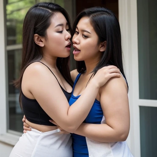" 2woman, 3, Indonesian , Scene, Tank Top, big , full body, Curvy body, sharing Passionate hug and eating pussy