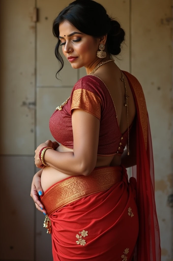 a hot sexy beautiful busty big-breasted traditional bangladeshi bengali hijabi muslim milf covering her head with hijab, wearing saree and a waist chain around her belly, navel visible, intricate detailed portrait, photorealistic, 8k, high quality, vibrant colors, dramatic lighting, cinematic composition