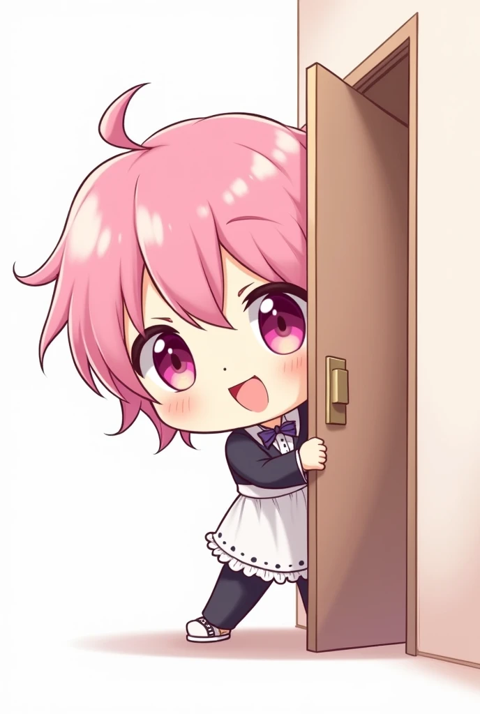 anime chibi boy cute pink hair open the door and withe backgound
