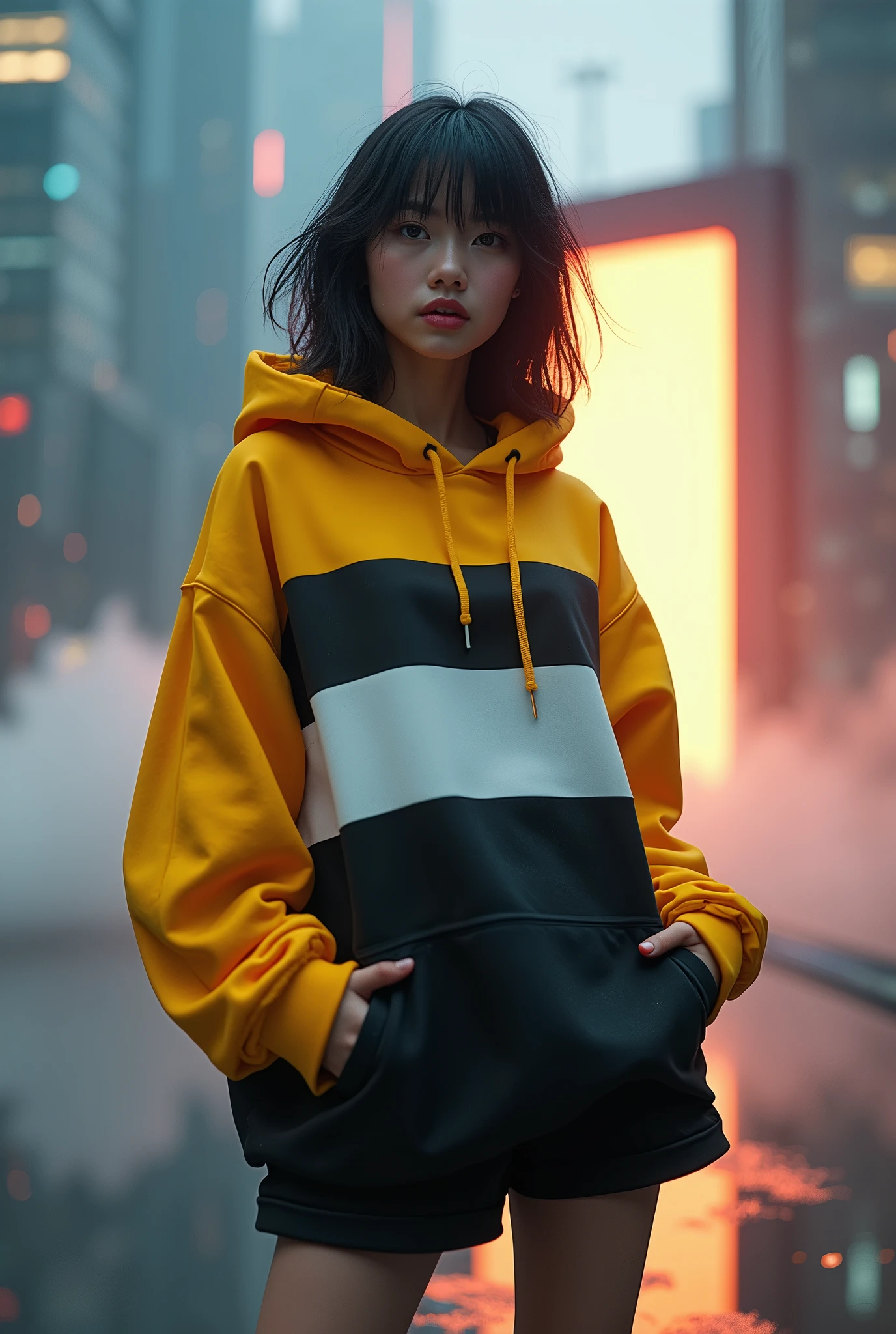 The Masterpiece of photography composition, 4K wallpaper, Masterpiece sci-fi cyberpunk city, fantasy sci-fi, neon glow lights city, ( Subject ( 1girl, A cute japanese women with beautiful hair, wearing an youth stylist oversized hoodie fashion, yellow, black and white stylist fashion, jumper hoodie and short solid cotton trousers, the hoodie stylist masterpiece.))
( Pose (Relaxed, with dance pose, masterpiece. Medium breast.))
( Setting (ultra realistic, sci-fi theme, A mystic environment, cyberpunk city with neon glow lights and a glow light portal.))
( Face ( absolute detail of face masterpiece, detail skin pores masterpiece, oil skinny, beautiful japanese girl, detail of face.))
( Perfect human body, perfect human fingers)
( Lighting (Dramatic side lighting with a warm and cool light masterpiece, absolute face and body lighting teqnique, sunlit glow and light rays, masterpiece object lighting and detail.))
(detail of absolute futuristic fashion a masterpiece), rahnday style photography, the sense of photography), sea art infinity.)
( Style (Hyper-realistic, cinematic, with a focus on detail and texture, octan render 4K quality masterpiece.))
( Technical Specifications (Shot from a medium long shot, below-up perspective, with a Fujifilm XT-4 with Fujinon 50mm lens at f/1.2.))
(((Additional Notes)
 ( Focus on Key Elements (Emphasize the woman, her clothing, and the dramatic city backdrop.))
 ( Visual Effects (Include cinematic grains, falling glow particles, and a blurred background with white fog.))