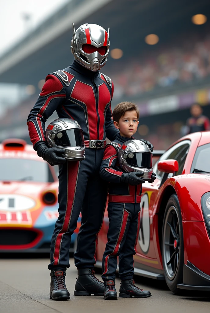 antman as a racing car driver next to his car with a driver costume and helmet in hand and near to his son as a racing car driver next to his car with a driver costume and helmet.
