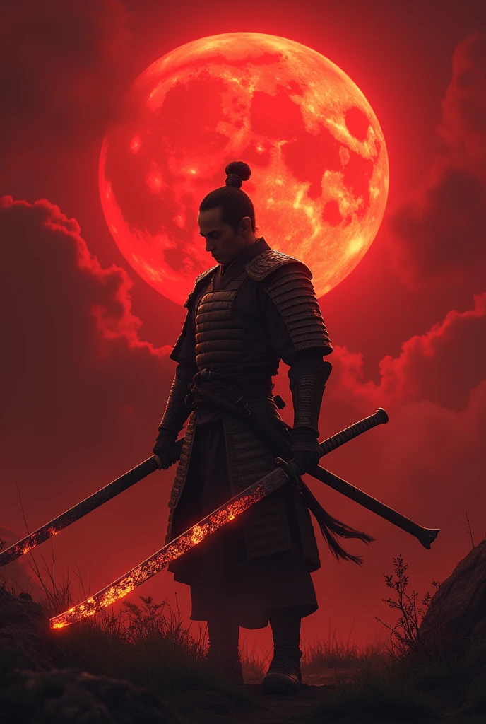 A blood moon samurai holding a magical katana with fire powers, intricate japanese engraved blade, glowing red hot edge, stylish katana hilt with dragon motif, dramatic red and orange flames surrounding blade, beautiful japanese calligraphy, ancient samurai warrior holding katana, epic fantasy concept, detailed 8k, cinematic lighting, unreal engine, highly detailed, photorealistic, photorealistic, hyper realistic, intricate details, high resolution, high quality, cinematic, depth of field,
