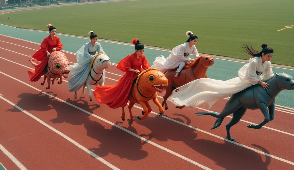Drone photography
The drone overlooks the entire track and field from a high altitude. Five Chinese beauties dressed in classical costumes are riding different real seafoods in a fierce competition on the track. The first beauty rides a huge red lobster, and the lobster's long claws paddle on the track vigorously, sprinting forward; the second beauty rides a huge octopus, and the octopus's tentacles quickly wriggle on the track, close to the ground; the third beauty rides a giant crab, and the crab's claws are raised high, and the steps are fast and powerful; the fourth beauty rides a ferocious shark, and the shark's body slides on the ground, and the tail fin swings to drive it forward; the fifth beauty rides a swordfish, and the swordfish has a slender body, and its fins fly through the air like arrows. The seafoods ridden by the five beauties are running on the track at an amazing speed, forming a fierce racing competition.