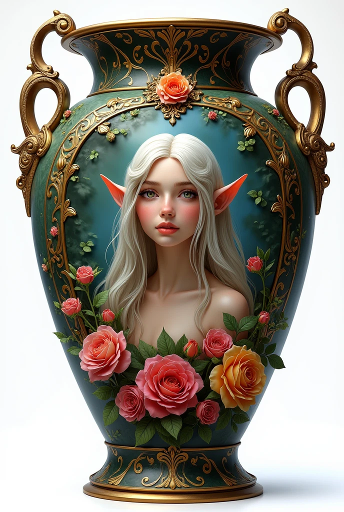 an epic vase that have a beautiful female elf portrait, some roses decorate the vase elf fantasy garden background