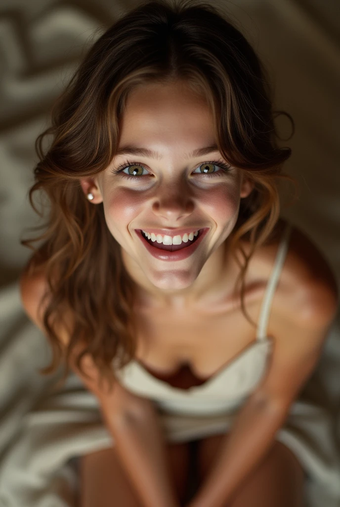 (cute 18yo Welsh girl's face and body by J. Scott Campbell and Chris Leib and Brad Kunkle:1.45), (brown_haired:1.15), (huge smile:1.05), v neck evening gown, (big bright eyes:1.05),top down POV on the sitting on the floor with her mouth open, naked, tounge Out