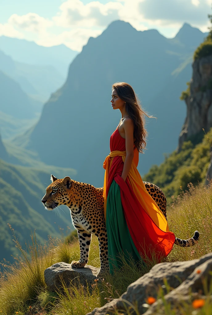 A beautiful girl walks in the mountains, and next to her is a leopard, and she's wrapped up, the flag consists of a dress, beautiful nature mountains.