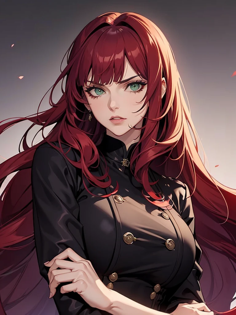 green eyes, red hair with long bangs, noble. sadistic women, wavy long hair. strong woman. purple jacket. she quiet. wear purple and black outfit. background in luxury mansion. dominant woman. mafia. mature woman. girl boss. badass woman. gangster