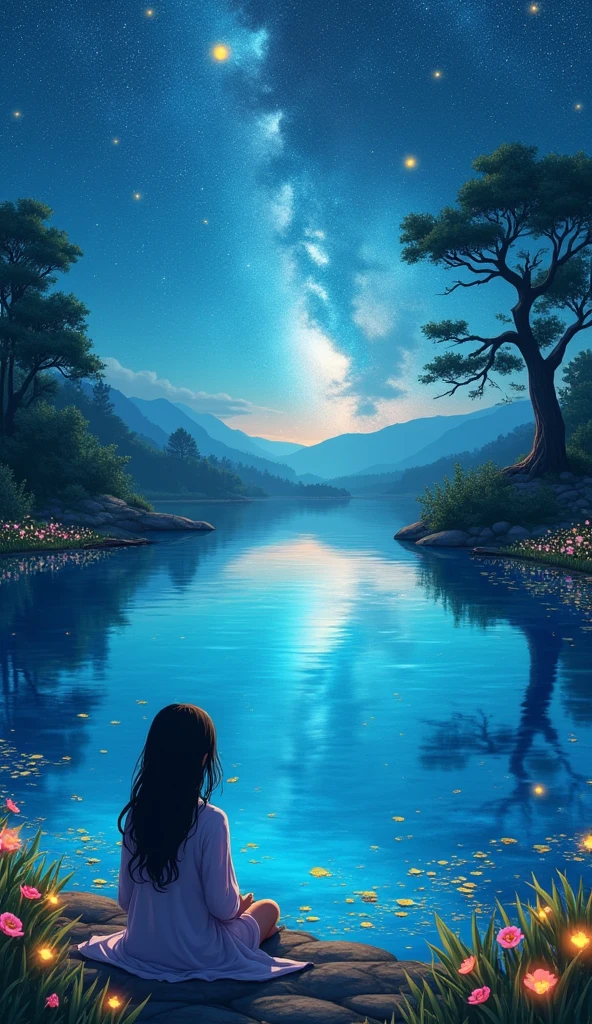 The Lake of Reflection, a girl approaches a peaceful lake surrounded by bright flowers and bushes. The water is crystal clear and reflects the image of the stars and the sky, creating a magic mirror effect. Haya lies down on the lakeshore and looks at the reflected sky, while little firefly lights float over the surface of the water. The scene is serene and introspective, reflecting the inner peace that Haya is finding.