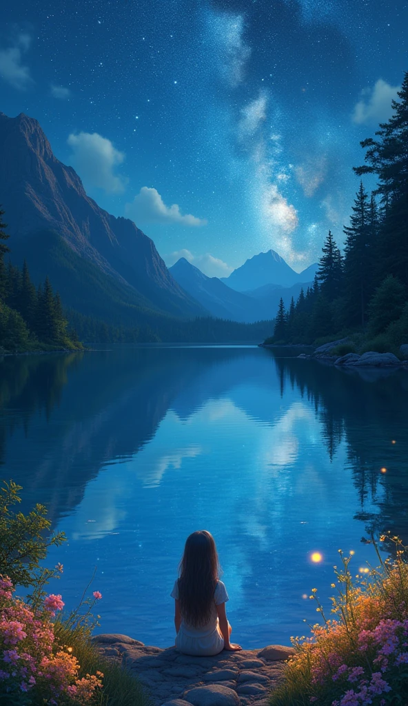 The Lake of Reflection, a girl approaches a peaceful lake surrounded by bright flowers and bushes. The water is crystal clear and reflects the image of the stars and the sky, creating a magic mirror effect. Haya lies down on the lakeshore and looks at the reflected sky, while little firefly lights float over the surface of the water. The scene is serene and introspective, reflecting the inner peace that Haya is finding.
