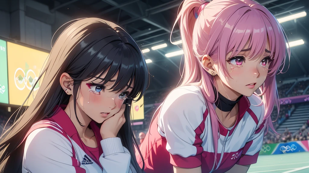 Masterpiece, super high quality anime style illustration, 8K, ((Olympic 100m sprint)), bright lights flying around, very beautiful 20 year old ((2 female athletes)), ((2 beautiful girls)) ((looking down)), (((shedding tears))), ((sweat a lot)), colorful hair, ((highly detailed face)), perfect make-up, colorful eyes, pink lips, sportswear.