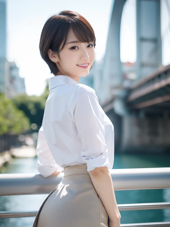 table top, best quality, realistic, in detail, highest resolution,beautiful japanese girl,beautiful and delicate eyes, beautiful and delicate lips, very detailed 얼굴, small head, small areola, movie lights, realistic, 8k, high quality, very detailed, look at me,laugh,(Dress Shirts),( pencil skirt:1.2),(Short hair:1.2),(Any external location),(medium chest:1.2),(Inoue Seika),(whole body:1.3),slim,beautiful bridge,(split:1.3),(sexy pose),mini skirt, (bokeh:1.3) 
