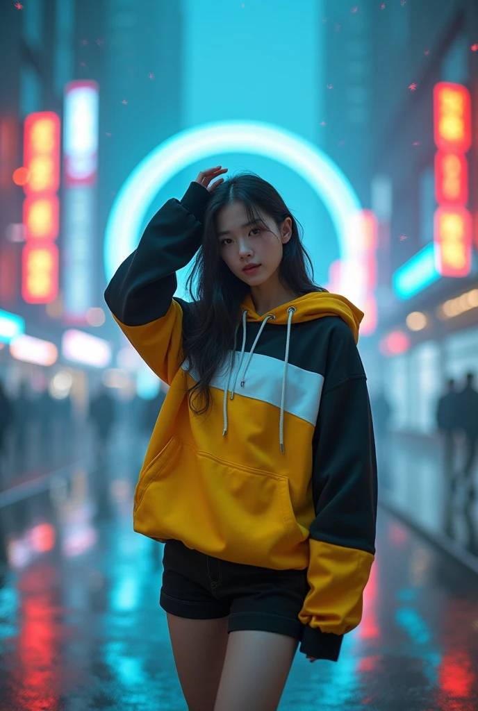 The Masterpiece of photography composition, 4K wallpaper, Masterpiece sci-fi cyberpunk city, fantasy sci-fi, neon glow lights city, ( Subject ( 1girl, A cute japanese women with beautiful hair, wearing an youth stylist oversized hoodie fashion, yellow, black and white stylist fashion, jumper hoodie and short solid cotton trousers, the hoodie stylist masterpiece.))
( Pose (Relaxed, with dance pose, masterpiece. Medium breast.))
( Setting (ultra realistic, sci-fi theme, A mystic environment, cyberpunk city with neon glow lights and a glow light portal.))
( Face ( absolute detail of face masterpiece, detail skin pores masterpiece, oil skinny, beautiful japanese girl, detail of face.))
( Perfect human body, perfect human fingers)
( Lighting (Dramatic side lighting with a warm and cool light masterpiece, absolute face and body lighting teqnique, sunlit glow and light rays, masterpiece object lighting and detail.))
(detail of absolute futuristic fashion a masterpiece), rahnday style photography, the sense of photography), sea art infinity.)
( Style (Hyper-realistic, cinematic, with a focus on detail and texture, octan render 4K quality masterpiece.))
( Technical Specifications (Shot from a medium long shot, below-up perspective, with a Fujifilm XT-4 with Fujinon 50mm lens at f/1.2.))
(((Additional Notes)
 ( Focus on Key Elements (Emphasize the woman, her clothing, and the dramatic city backdrop.))
 ( Visual Effects (Include cinematic grains, falling glow particles, and a blurred background with white fog.))