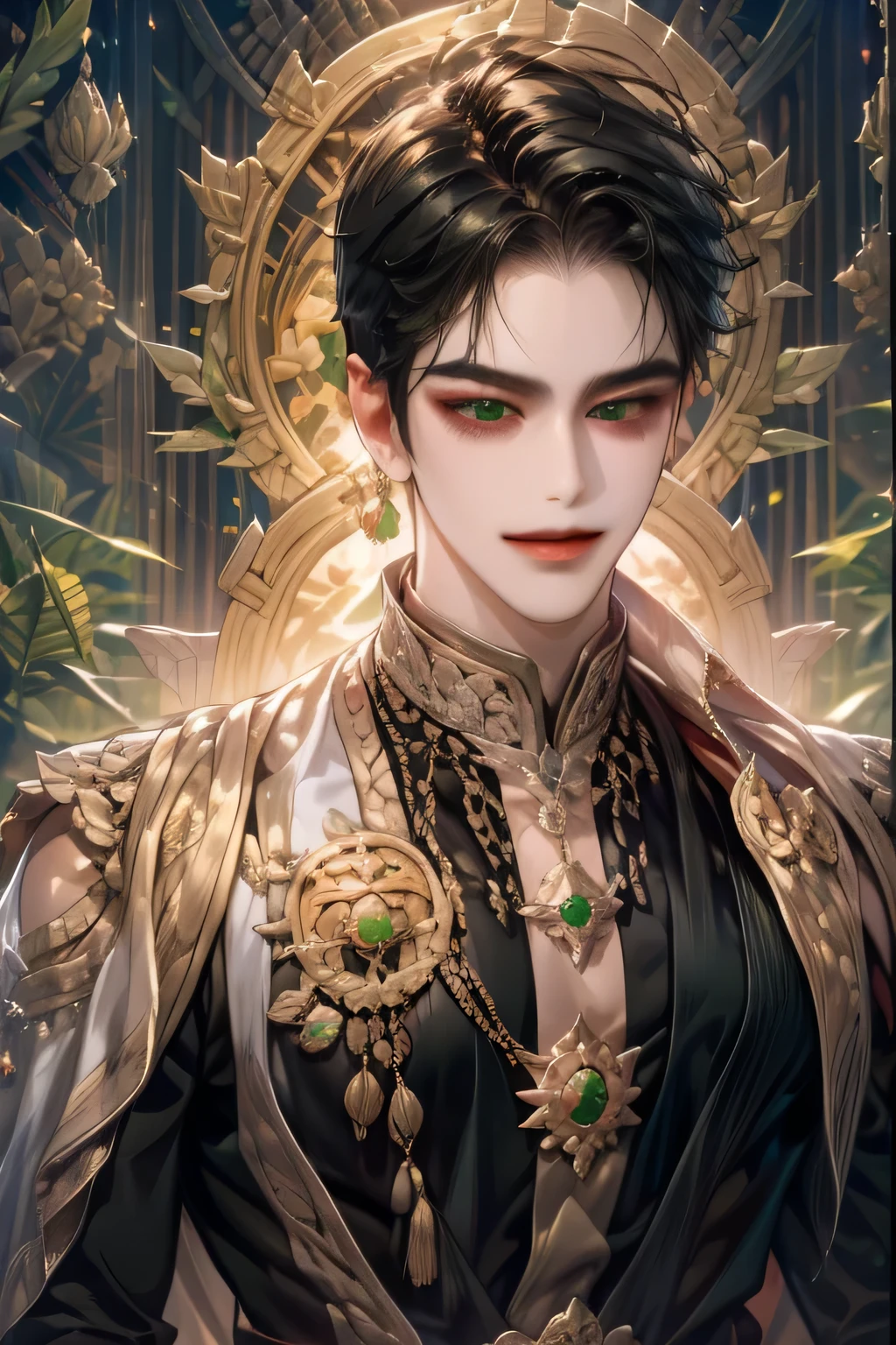 1Male, short Black hair, emperor look, masculine look, charming, smile, gold black suit, green eyes,  pale skin,prambanan temple, javanese style, accurate, materpiece