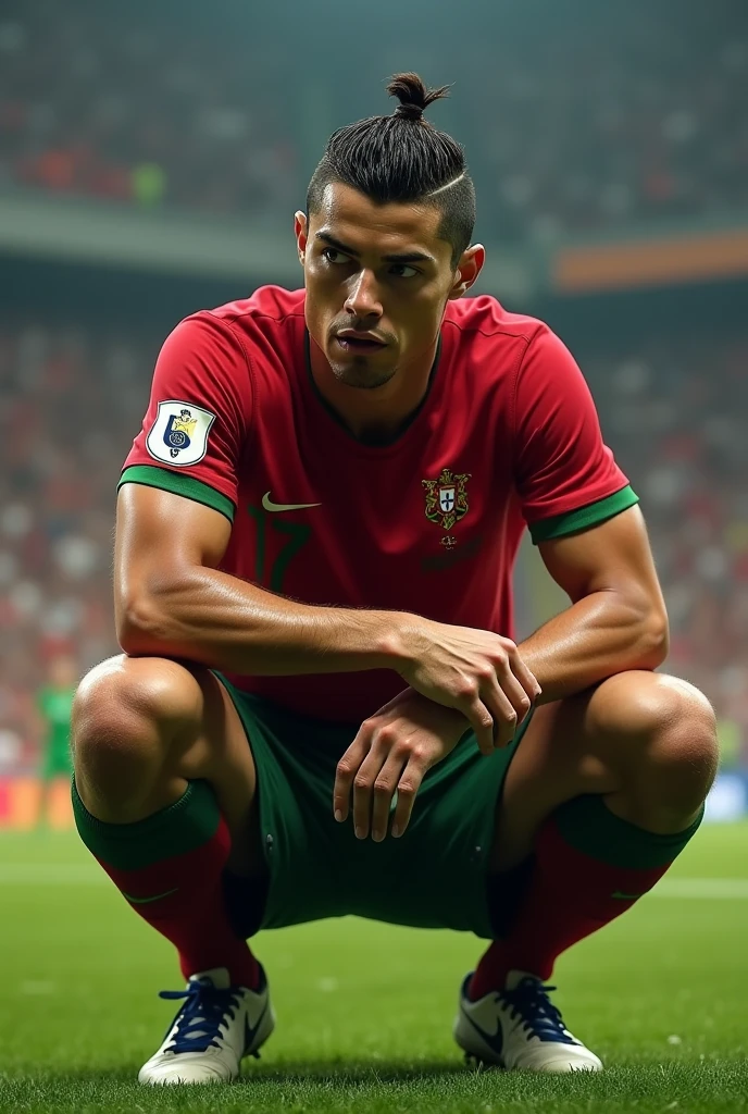 Ronaldo in football ground with crowds in background has lost and extremely sad and crying wearing his Portugal football team dress