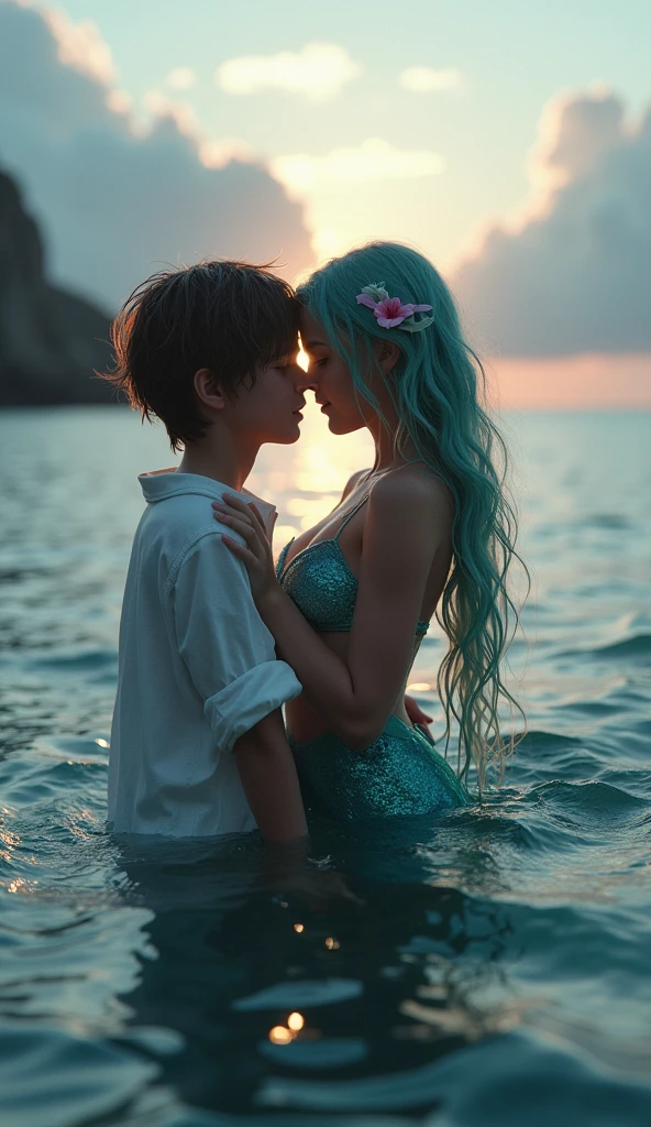 Generate 9:16 ratio photo of : "A dramatic vertical scene of a boy and a mermaid in the ocean. The boy has wet, tousled hair and is wearing a drenched white shirt clinging to his skin. He is gently holding the mermaid, whose long hair is adorned with delicate, fin-like details. The mermaid's beautiful, shimmering blue-green tail with pink accents is emerging from the water, reflecting light. They are both in the water during a calm moment, with soft lighting creating a serene and romantic atmosphere. The background shows the open ocean, with distant cliffs and clouds at dusk. The composition is vertically aligned for a portrait orientation."undefined,