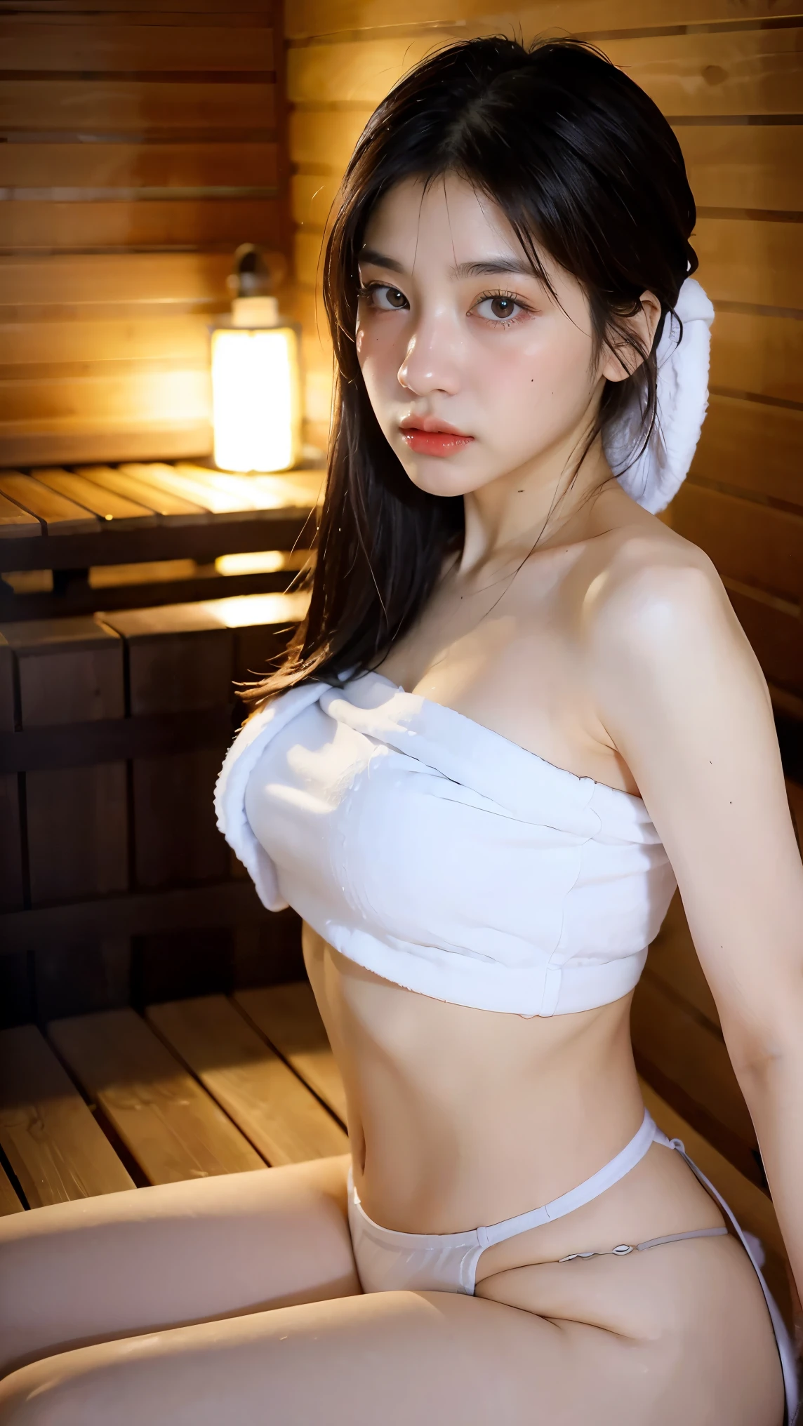 1Girl, Solo, (Masterpiece, Best Quality, 8K,,Photorealistic, real girl, mulberry:1.37), looking up at viewer, 1 dainty Japan, Slender body type: 1.1, Small breasts, Sitting, sauna, Double eyelids, Droopy Eyes, A dark-haired, (Sweaty face, Sweaty body: 1.2): 0.2, (White Oversized Towel Dress, strapless), (small in size, White Towel Turban: 1.1), Finnish sauna, realistic body, makeups, Gloss slip, focus on face, smaller face, Sharp focus, Layered Cut, facing the viewer, The sauna has the following.., shot from the front