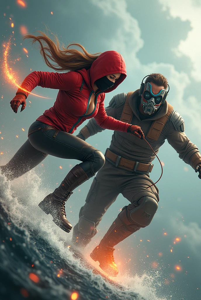 Kid red hoodie, Rocket boots, headphones, star-lord helmet, gas helmet, Covered mouth, Round, red eyes, big breasts, perfect body, Busty, realistic, power, Kick, Attack, magic rings in the hands, Fighting, power, fiction, full body, 2 persons, magic lasso, hight, fall, fire in boots, powerful spells, realistic, war, ocean, spells, Cayendo del cielo, sleep,  hug