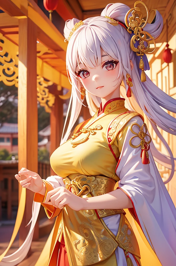 a beautiful young asian girl, 1, wearing a traditional servant costume in ancient chinese style, standing in a wuxia-inspired pose and looking directly at the camera, (best quality,4k,8k,highres,masterpiece:1.2),ultra-detailed,(realistic,photorealistic,photo-realistic:1.37),intricate detailed dress, delicate facial features, flawless skin, long eyelashes, penetrating gaze, ornate hair accessories, ancient chinese architecture in the background, warm lighting, vivid colors