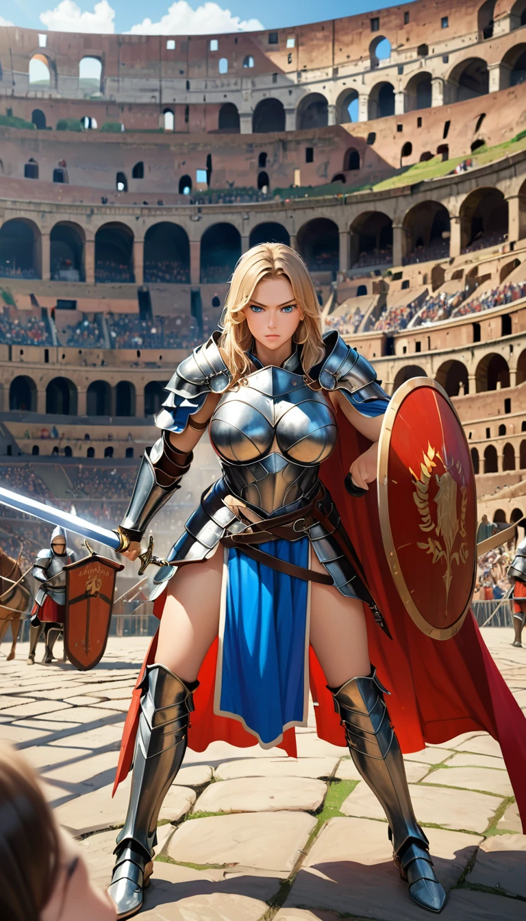 score_9, score_8_up, score_7_up, score_6_up,(scowled:1.3),(Realistic、Narrow eyes、female knight、Big Breasts、woman wearing leather armor, Female Warrior, Very beautiful woman),(Blonde, blue eyes),Cool adult woman、(Arena、Colosseum, Fighting while being watched by the crowd),(Holding a sword and shield,Combat Ready、Ready your sword、battle)、Depth of written boundary,Anatomically correct,The right move、Correct finger