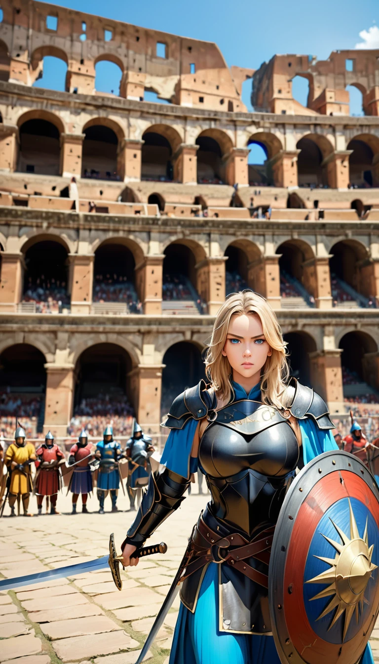score_9, score_8_up, score_7_up, score_6_up,(scowled:1.3),(Realistic、Narrow eyes、female knight、Big Breasts、woman wearing leather armor, Female Warrior, Very beautiful woman),(Blonde, blue eyes),Cool adult woman、(Arena、Colosseum, Fighting while being watched by the crowd),(Holding a sword and shield,Combat Ready、Ready your sword、battle)、Depth of written boundary,Anatomically correct,The right move、Correct finger
