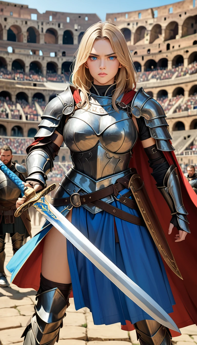 score_9, score_8_up, score_7_up, score_6_up,(scowled:1.3),(Realistic、Narrow eyes、female knight、Big Breasts、woman wearing leather armor, Female Warrior, Very beautiful woman),(Blonde, blue eyes),Cool adult woman、(Arena、Colosseum, Fighting while being watched by the crowd),(Holding a sword and shield,Combat Ready、Ready your sword、battle)、Depth of written boundary,Anatomically correct,The right move、Correct finger
