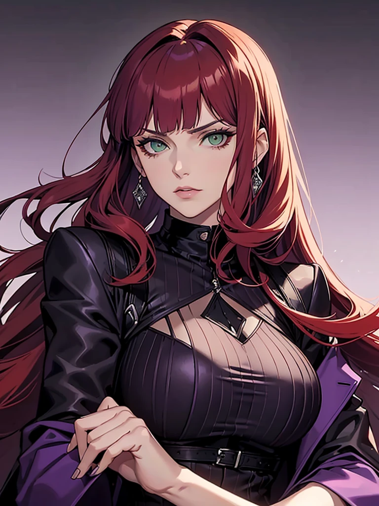 green eyes, red hair with long bangs, noble. sadistic women, wavy long hair. strong woman. purple jacket. she quiet. wear purple and black outfit. background in luxury mansion. dominant woman. mafia. mature woman. girl boss. badass woman. gangster