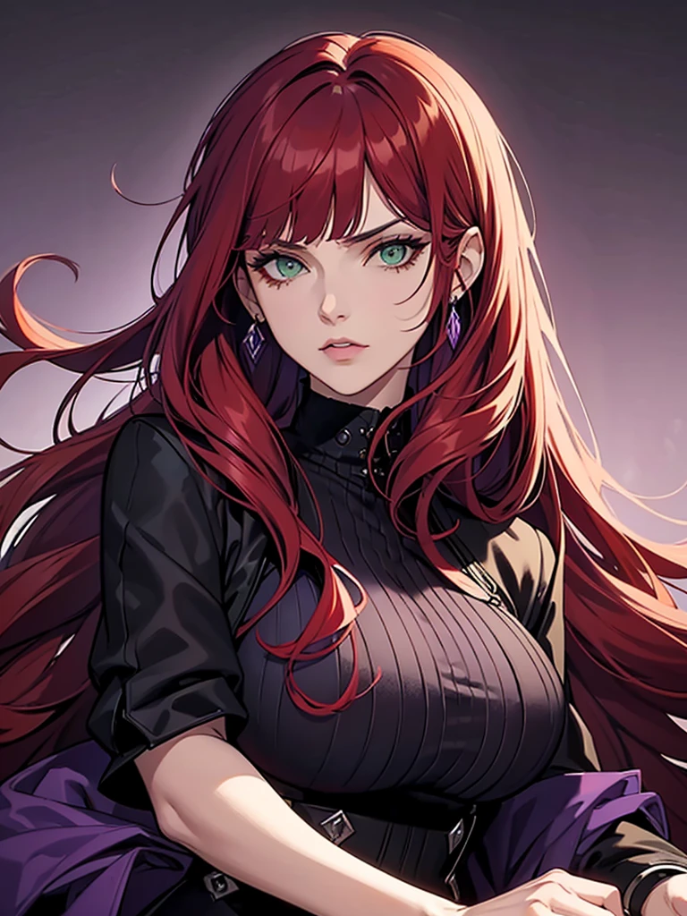 green eyes, red hair with long bangs, noble. sadistic women, wavy long hair. strong woman. purple jacket. she quiet. wear purple and black outfit. background in luxury mansion. dominant woman. mafia. mature woman. girl boss. badass woman. gangster