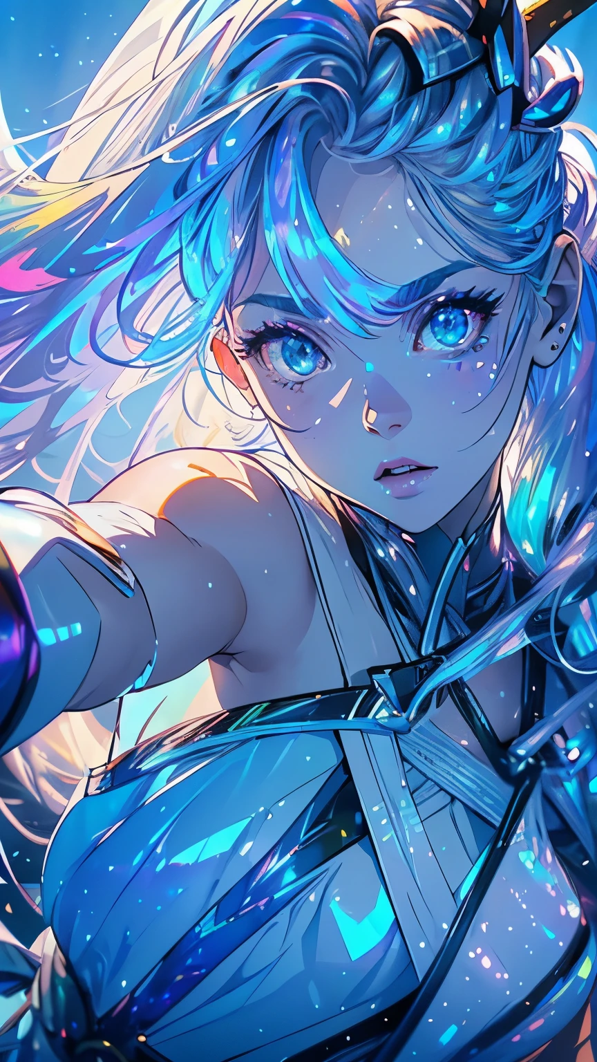 Ice archer girl, holding an ice bow and arrow, blue dress with giant moving bands, long white hair, reflective light blue eyes, delicate face, full body, medium breasts, big ass, blue markings on her face, blue sky with sunset lights, (ultra-realistic), {extremely detailed 8k CG unit wallpaper}, expansive landscape photography, (a far angle view with focus on character and setting), (wide open field view) , (low angle shot), (high light: 1.3), (low light: 1.0), (warm light source: 1.5), complex details, (iridescent colors: 1.9), (bright lighting), (atmospheric lighting) , dreamy, magical, badass