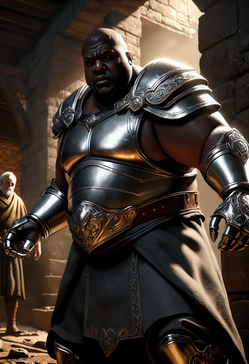 a fat black man with iron gauntlets, fighting an old man, cinematic lighting, dramatic action pose, highly detailed, unreal engine, octane render, volumetric lighting, epic fantasy, dark and gritty, chiaroscuro lighting, moody atmosphere, dynamic composition, heroic, (best quality,4k,8k,highres,masterpiece:1.2),ultra-detailed,(realistic,photorealistic,photo-realistic:1.37)