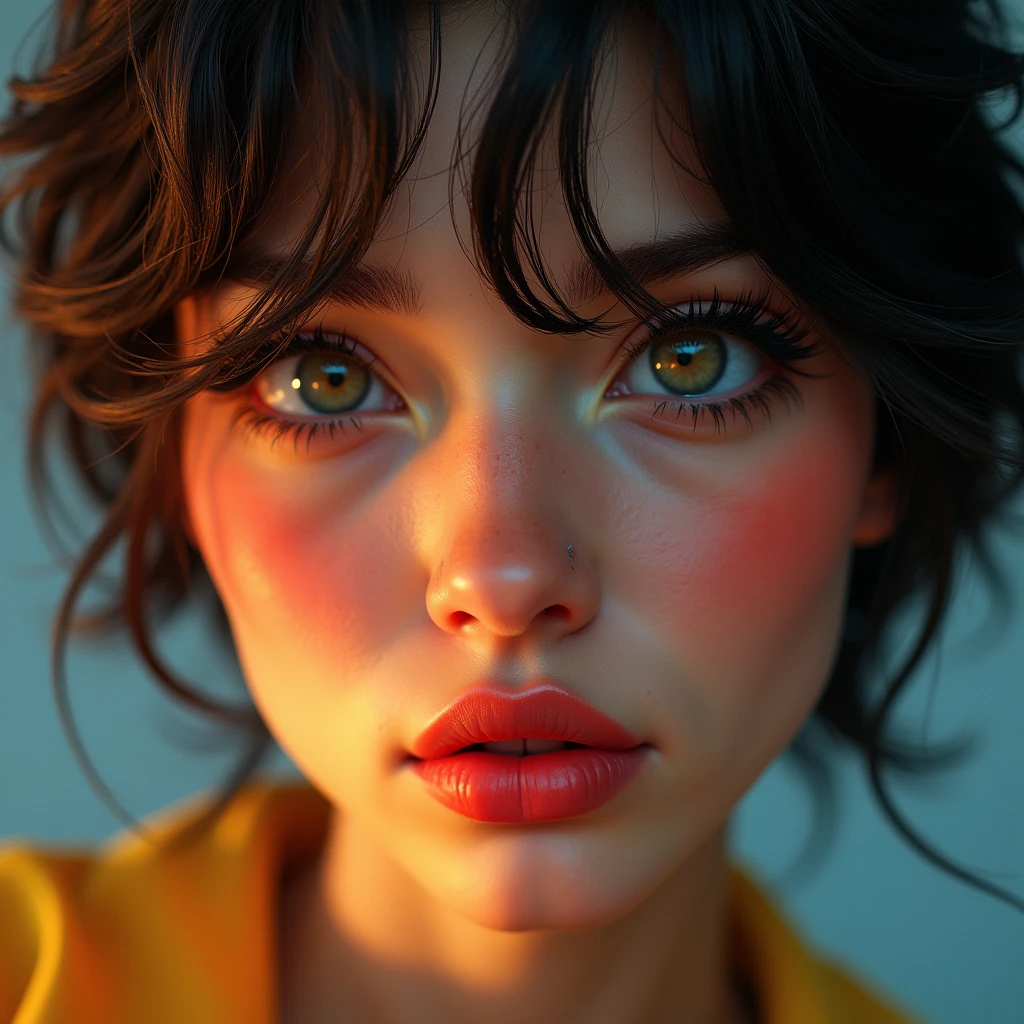 vivid colors, portraits,1girl, (mature)  (Short hair: 2.8), beautiful detailed eyes, beautiful detailed lips, extremely detailed eyes and face, long eyelashes,