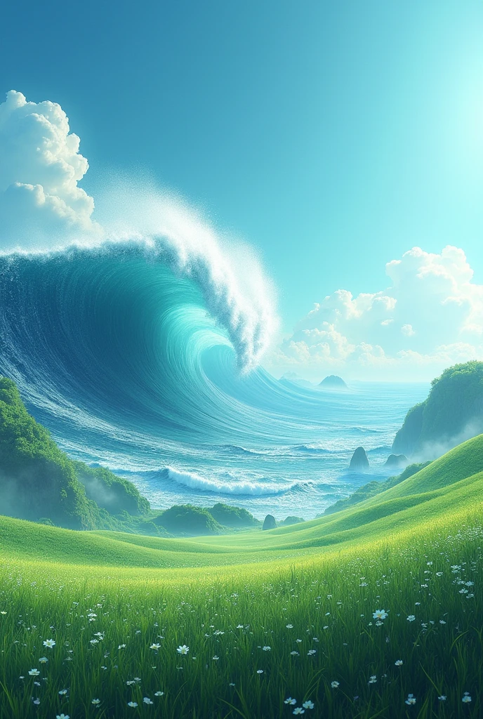 

Craft a hyper-realistic landscape where the ocean's waves surge forward with a sense of dynamic movement. The vast backdrop should reveal serene, flat meadows, untouched by mountains or rocks, creating a seamless horizon. The sky above should melt from deep blue to soft aqua, free from sun or moon, radiating an ethereal calm. The scene should be a picture of tranquility and natural splendor, adorned with delicate white flowers scattered across the meadows. Ensure the lush greenery in the meadows is gently lower than the towering waves, enhancing the sense of peaceful grandeur.