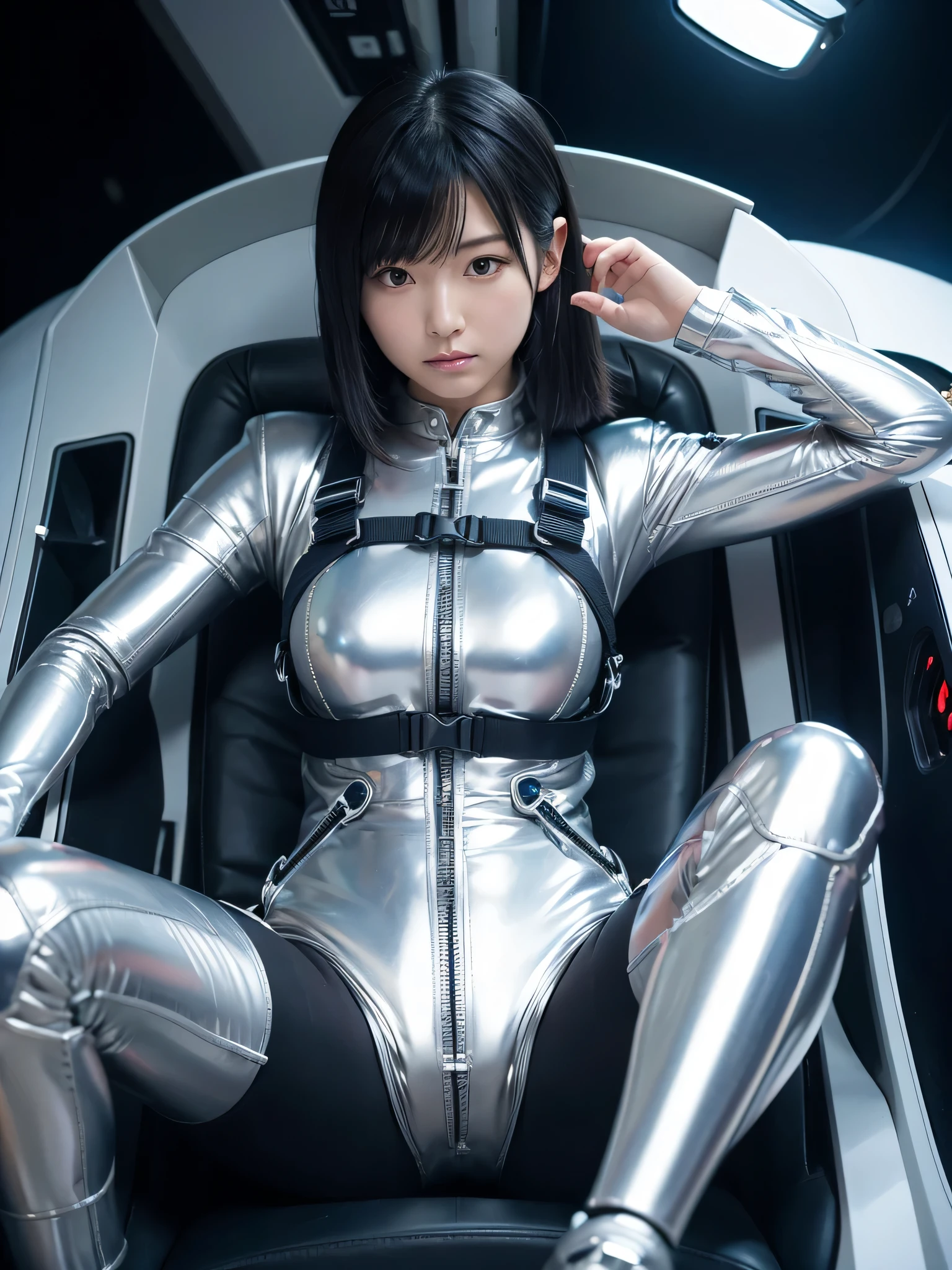 Japanese female android,Silver shiny robot suit,Wide-legged squats,Black Hair,Space capsule,I was completely strapped to my seat in the cockpit with a thick harness and couldn&#39;t move.,