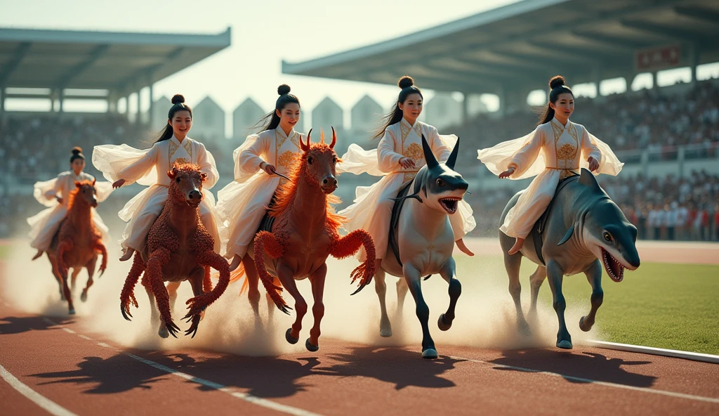 Drone photography
The drone overlooks the entire track and field from a high altitude. Five Chinese beauties dressed in classical costumes are riding different real seafoods in a fierce competition on the track. The first beauty rides a huge red lobster, and the lobster's long claws paddle on the track vigorously, sprinting forward; the second beauty rides a huge octopus, and the octopus's tentacles quickly wriggle on the track, close to the ground; the third beauty rides a giant crab, and the crab's claws are raised high, and the steps are fast and powerful; the fourth beauty rides a ferocious shark, and the shark's body slides on the ground, and the tail fin swings to drive it forward; the fifth beauty rides a swordfish, and the swordfish has a slender body, and its fins fly through the air like arrows. The seafoods ridden by the five beauties are running on the track at an amazing speed, forming a fierce racing competition.