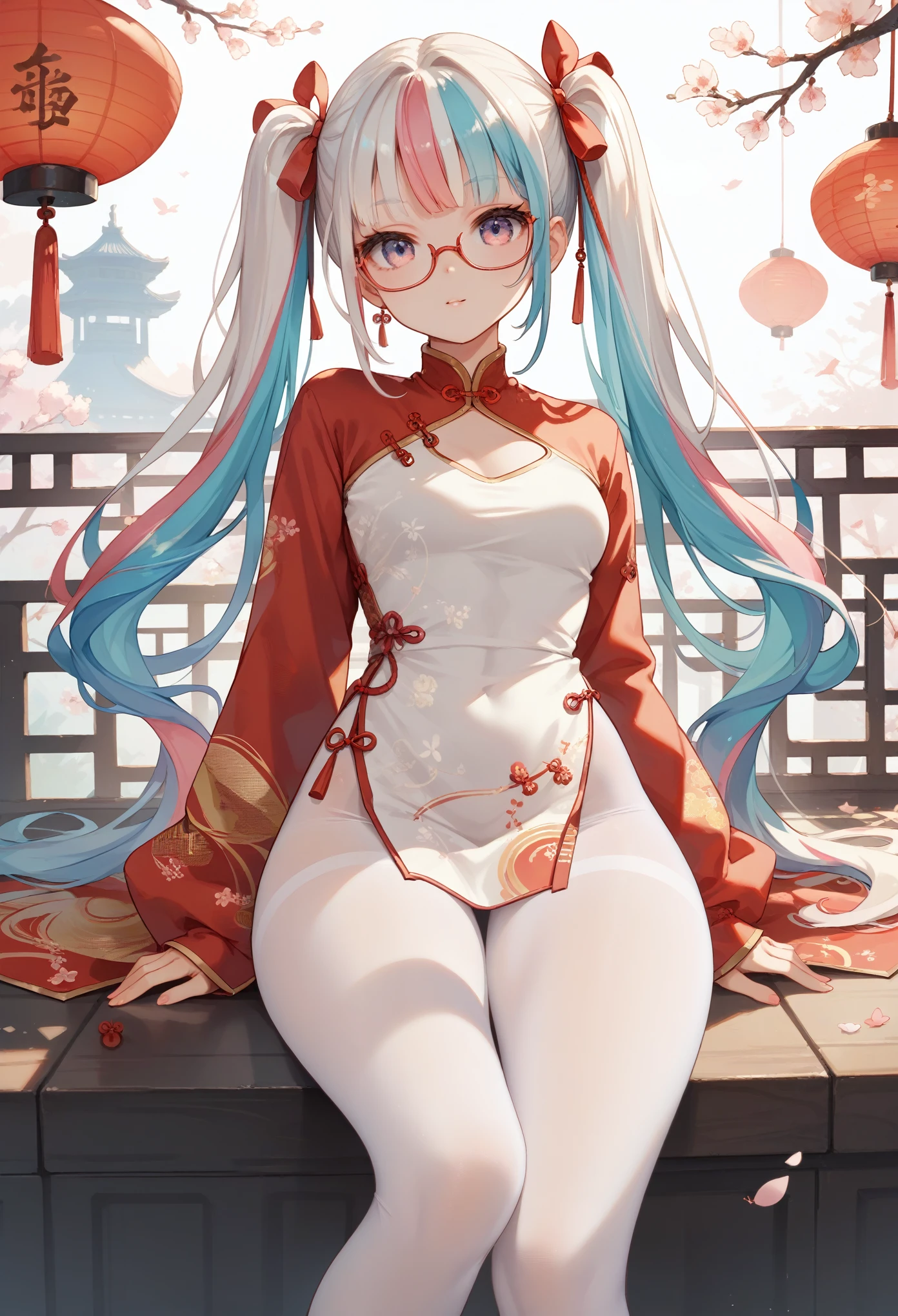 Zhezhi, twintails, multicolored hair, glasses, hair ribbon, chinese clothes, white pantyhose,