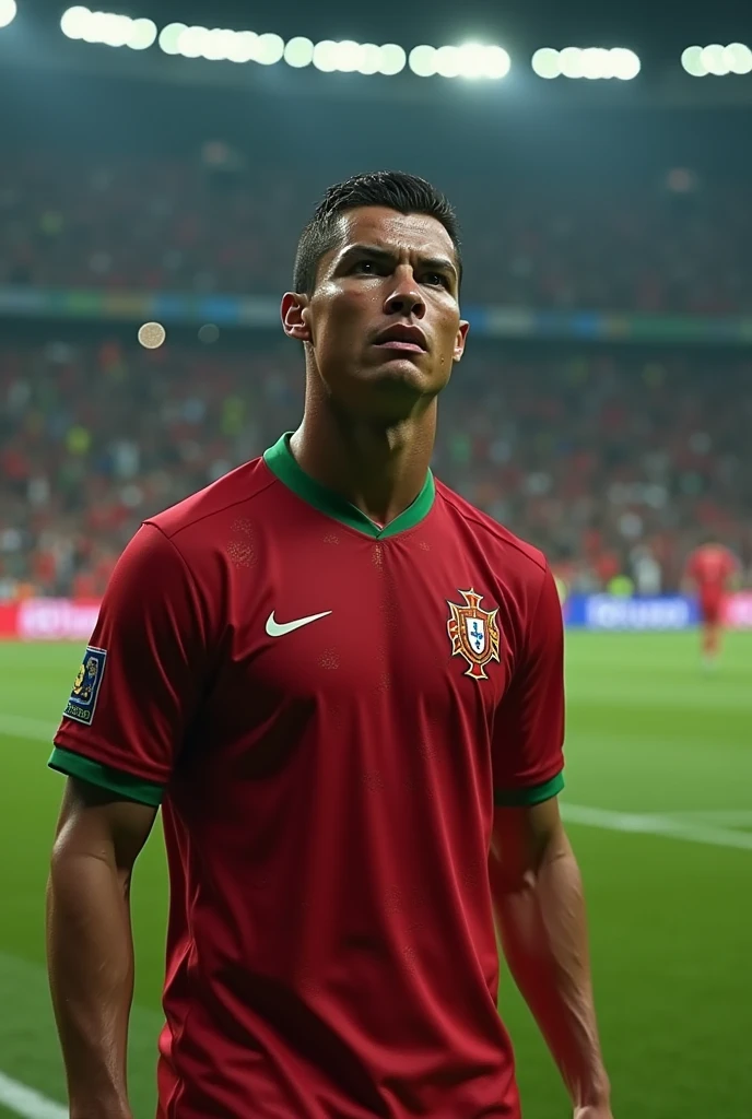 Ronaldo in football ground with crowds in background has lost and extremely sad and crying wearing his Portugal football team dress and ronaldo is crying 