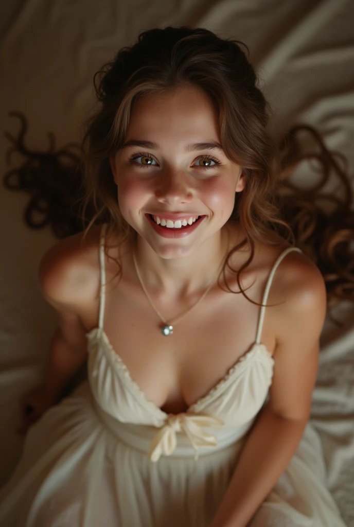 (cute 18yo Welsh girl's face and body by J. Scott Campbell and Chris Leib and Brad Kunkle:1.45), (brown_haired:1.15), (huge smile:1.05), v neck evening gown, (big bright eyes:1.05),top down POV on the sitting on the floor with her mouth open, tits Out, topless, nice total