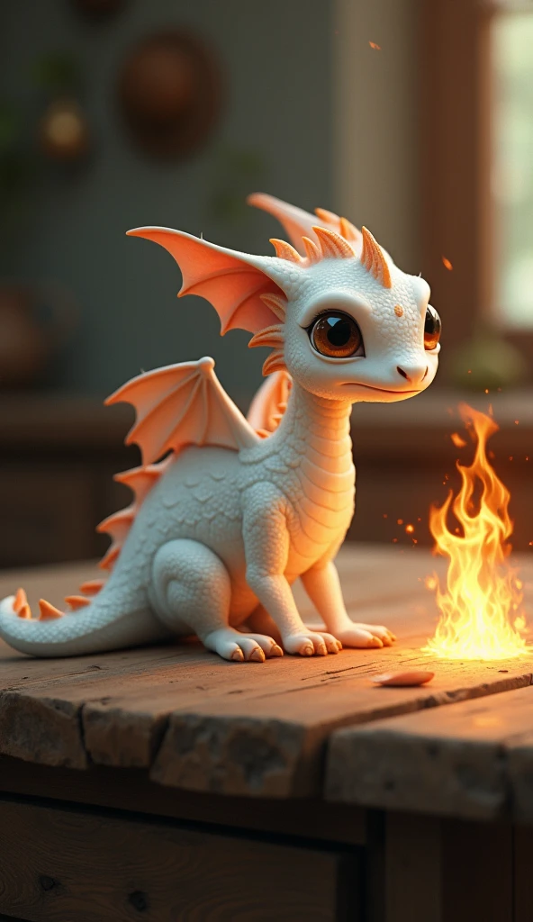 cute white colour dragon over wooden table still flushing fire. Cozy art