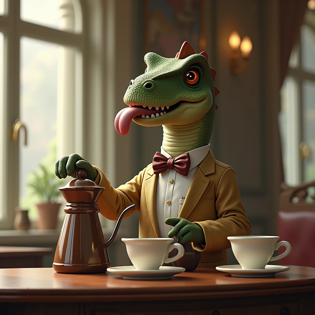 Dinosaur with bow tie and long sleeves、A dinosaur elegantly brewing coffee in a classical cafe、By drip、Calm、Over the counter　Ceramic coffee pot

　アンニュイSticking out tongue, Sticking out tongue, tooth, Sticking out tongue, 
