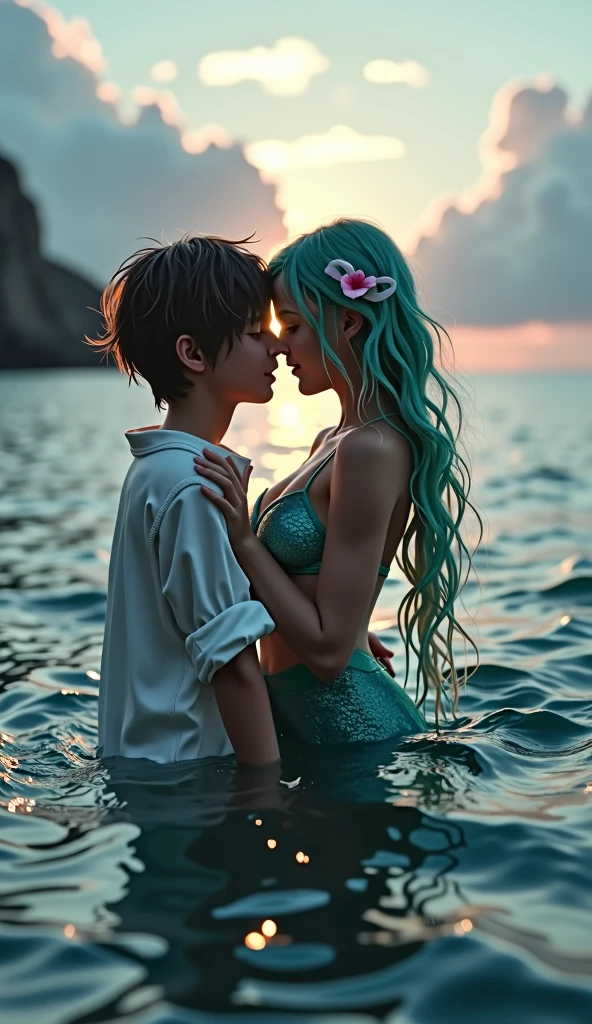 Generate 9:16 ratio photo of : "A dramatic vertical scene of a boy and a mermaid in the ocean. The boy has wet, tousled hair and is wearing a drenched white shirt clinging to his skin. He is gently holding the mermaid, whose long hair is adorned with delicate, fin-like details. The mermaid's beautiful, shimmering blue-green tail with pink accents is emerging from the water, reflecting light. They are both in the water during a calm moment, with soft lighting creating a serene and romantic atmosphere. The background shows the open ocean, with distant cliffs and clouds at dusk. The composition is vertically aligned for a portrait orientation."undefined, 