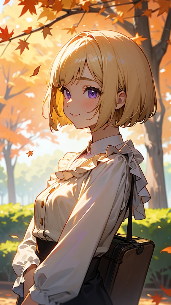 1 girl、Anime style painting、Upper body close-up、From the side、Lunch Box、Small breasts、smile、(blonde)、Bobcut、Beautiful purple eyes、Frilled blouse、autumn、A park with falling autumn leaves、Background Blur, Written boundary depth