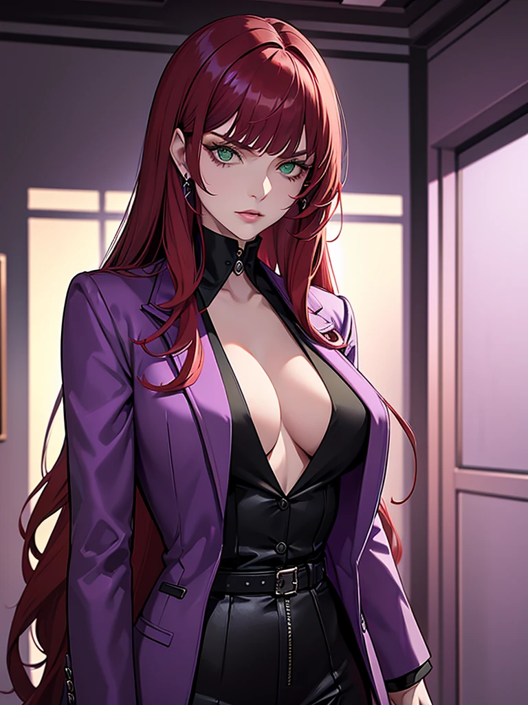 green eyes, red hair with long bangs, noble. sadistic women, wavy long hair. strong woman. purple jacket. she quiet. wear purple and black outfit. background in luxury mansion. dominant woman. mafia. mature woman. girl boss. badass woman. gangster