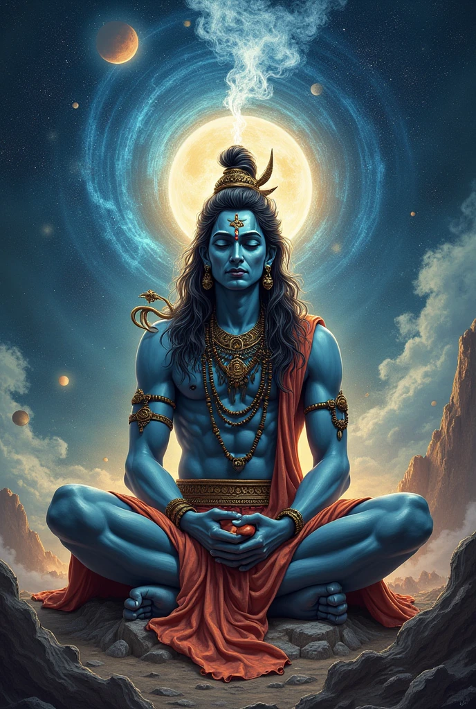 Lord Shiva smoking from a chillum, he sits in the universe with his entourage