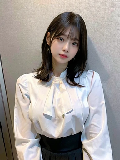 Highest quality、High resolution、((Japanese women))、(((White blouse)))、((Pleated skirt))、Big Breasts、Black Stockings、Beautiful Style、(((slouch)))、whole body