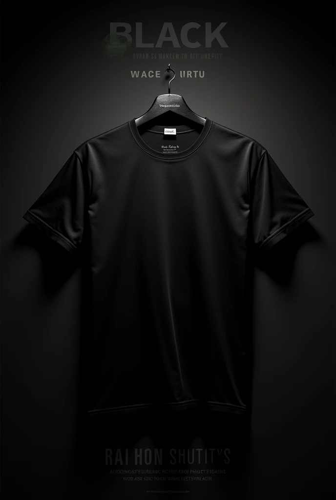 A powerful and stylish poster featuring the black t-shirt from Vogue de Ciél. The t-shirt should be the focal point, displayed against a dark, monochromatic background to emphasize its depth and texture. The poster should include subtle details like the fabric's smoothness and the clean lines of the design. The tagline "Black: Timeless, Versatile, Iconic" should be prominently featured, with accompanying text explaining how black is more than just a color—it's a statement of confidence and sophistication. The overall aesthetic should be bold and elegant, with a focus on the timeless appeal of the color black.