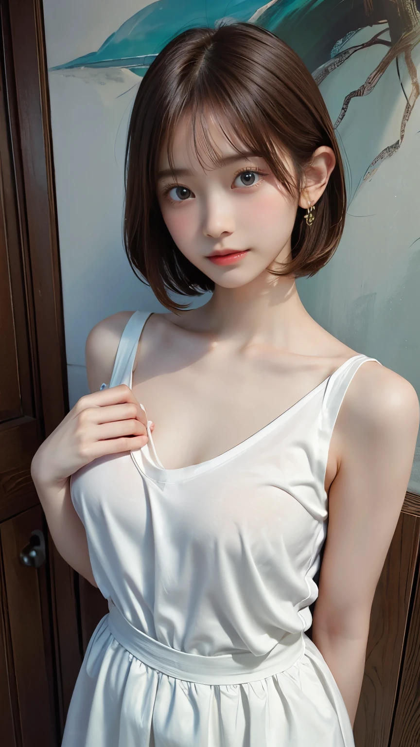 Highest quality,Realistic,masterpiece,detailed,High resolution,cute , chest, 1 girl, alone, Nipples, Masturbation, No fixes, , big chest, blush, , grabbing own chest, Pull up clothes, pulling up shirt, Poster (object), short hair, belly button, Sweat, Are standing, jewelry, Earrings, Outdoor, Bottomless, Mole, Orange Hair,, lips apart, very good, clavicle, Glowing Skin, lips, Open your mouth, shirt, Green Eyes, vein, Realistic,Excited,Flushing,splash,You can see the ocean,wood,White dress,Light clothing