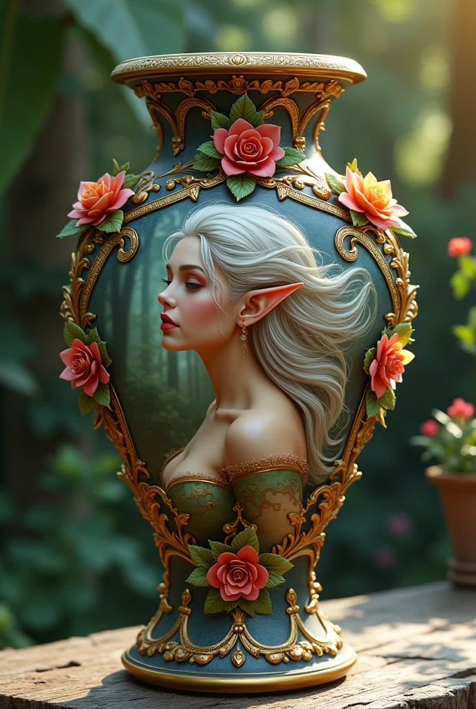an epic vase that have a beautiful female elf portrait, small pointed ears, dynamic hair color, busty,  some roses decorate the vase elf fantasy garden background
