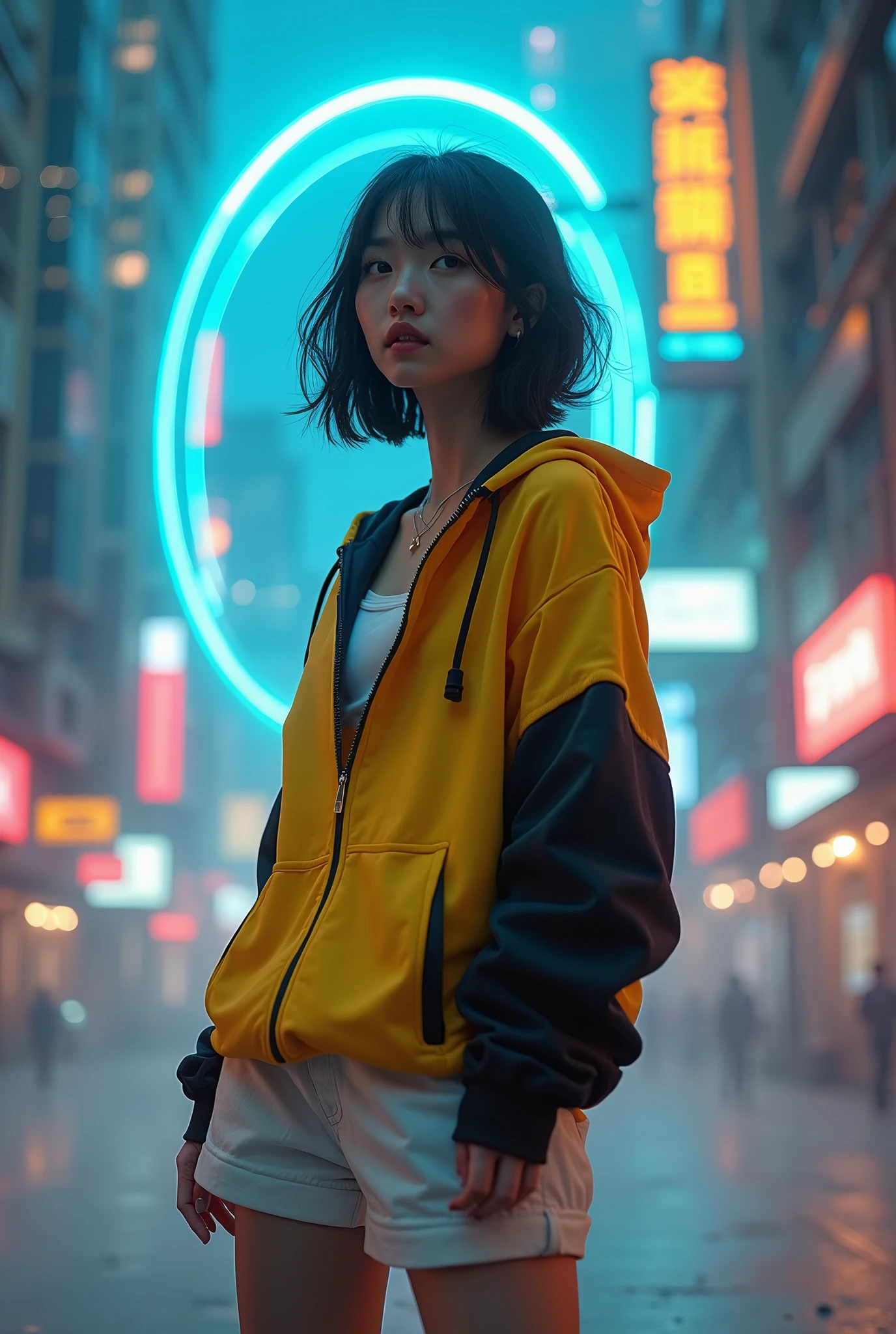 The Masterpiece of photography composition, 4K wallpaper, Masterpiece sci-fi cyberpunk city, fantasy sci-fi, neon glow lights city, ( Subject ( 1girl, A cute japanese women with beautiful hair, wearing an youth stylist oversized hoodie fashion, yellow, black and white stylist fashion, jumper hoodie and short solid cotton trousers, the hoodie stylist masterpiece.))
( Pose (Relaxed, with dance pose, masterpiece. Medium breast.))
( Setting (ultra realistic, sci-fi theme, A mystic environment, cyberpunk city with neon glow lights and a glow light portal.))
( Face ( absolute detail of face masterpiece, detail skin pores masterpiece, oil skinny, beautiful japanese girl, detail of face.))
( Perfect human body, perfect human fingers)
( Lighting (Dramatic side lighting with a warm and cool light masterpiece, absolute face and body lighting teqnique, sunlit glow and light rays, masterpiece object lighting and detail.))
(detail of absolute futuristic fashion a masterpiece), rahnday style photography, the sense of photography), sea art infinity.)
( Style (Hyper-realistic, cinematic, with a focus on detail and texture, octan render 4K quality masterpiece.))
( Technical Specifications (Shot from a medium long shot, below-up perspective, with a Fujifilm XT-4 with Fujinon 50mm lens at f/1.2.))
(((Additional Notes)
( Focus on Key Elements (Emphasize the woman, her clothing, and the dramatic city backdrop.))
( Visual Effects (Include cinematic grains, falling glow particles, and a blurred background with white fog.))