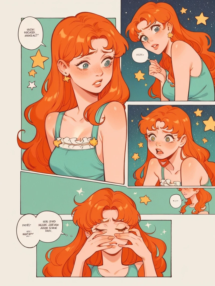 score_9, score_8_up, score_7_up, score_6_up, p4n3ls, 1girl, stars, long hair, panels, (8k, best quality, master piece: 1.2),super high resolution,A page of a soft pastel colored comic book divided into frames, ginger, A sad princess investigates a ghost、speech bubble、Powerful girl manga style