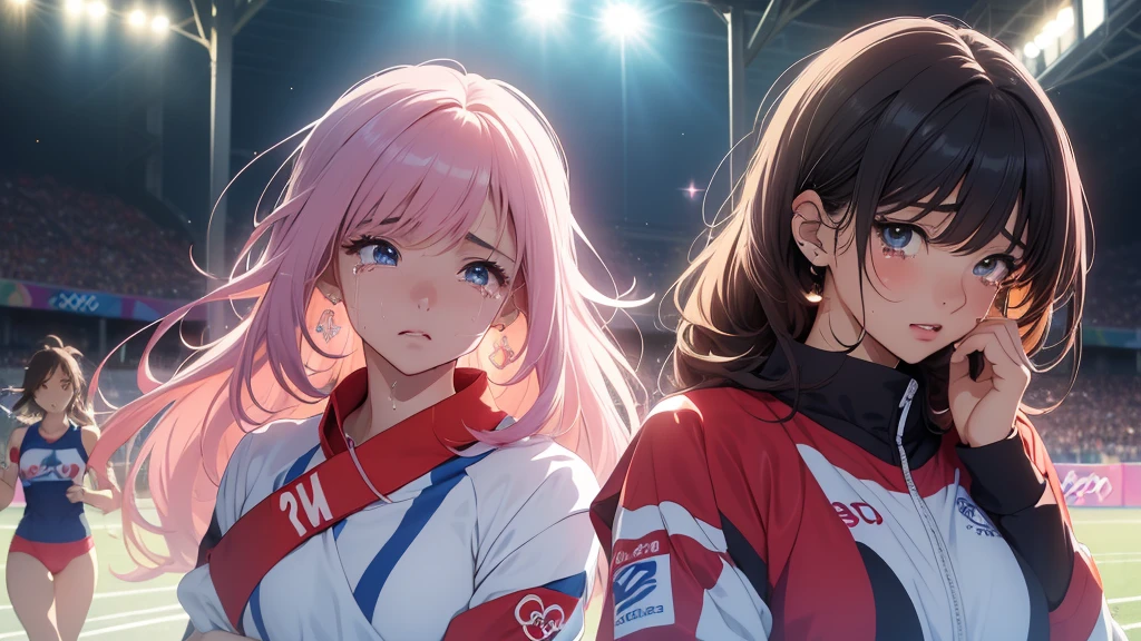 Masterpiece, super high quality anime style illustration, 8K, ((Olympic 100m sprint)), bright lights flying around, very beautiful 20 year old ((2 female athletes)), ((2 beautiful girls)) ((looking down)), (((shedding tears))), ((sweat a lot)), colorful hair, ((highly detailed face)), perfect make-up, colorful eyes, pink lips, sportswear. Full body shot.